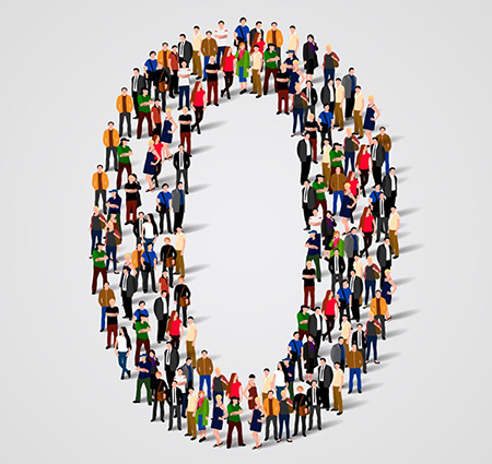 Collected number of people standing in a pattern that looks like the number 0.